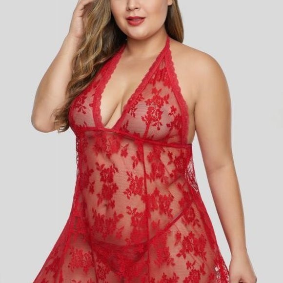 Red Open Back Floral Lace Lingerie - Picture 6 of 6
